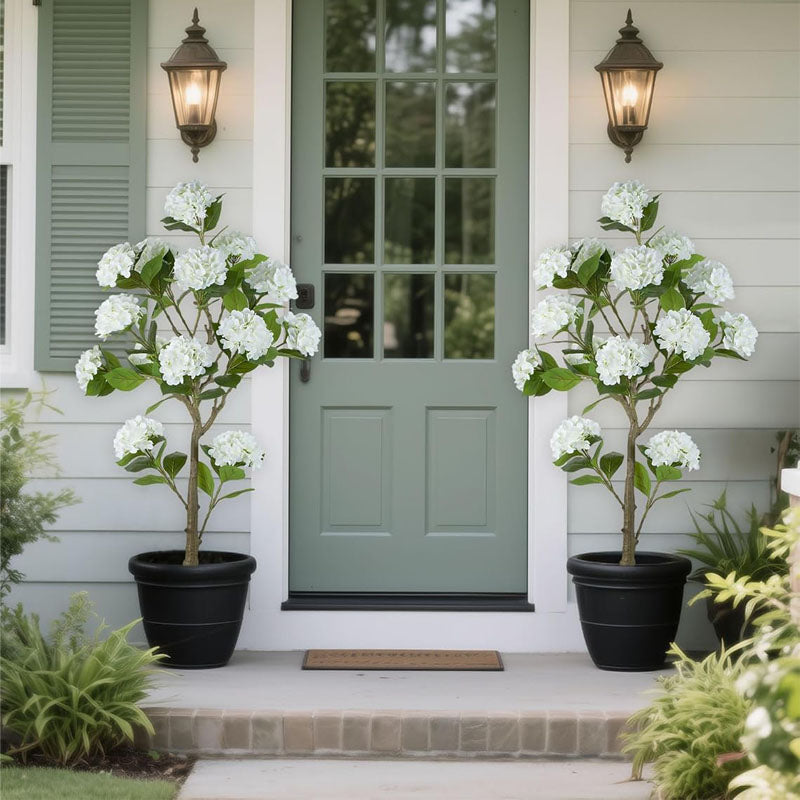 indoor plants for front door White Hydrangea Artificial Trees: 5ft Fake Silk Plants for Home Living Room Decor Indoor