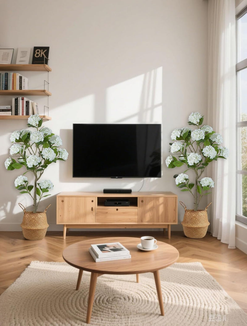 White Hydrangea Artificial Trees: 5ft Fake Silk Plants for Home Living Room Decor Indoor - Faux Hydrangeas with Pot for Front Door Porch Patio Entrance Decoration