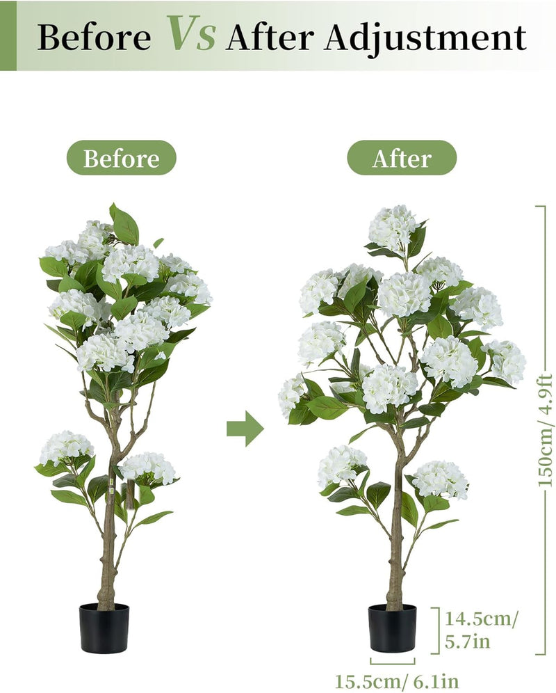 White Hydrangea Artificial Trees: 5ft Fake Silk Plants for Home Living Room Decor Indoor - Faux Hydrangeas with Pot for Front Door Porch Patio Entrance Decoration