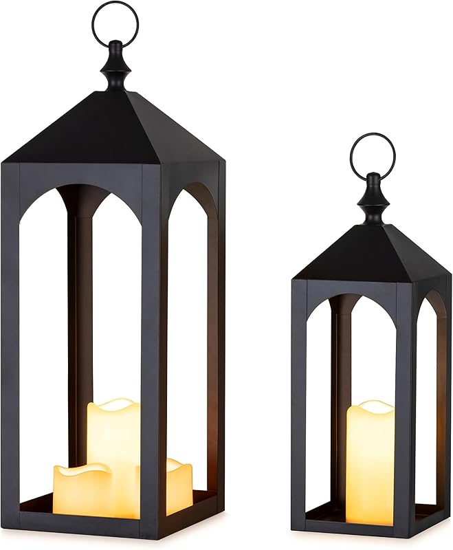 Large Outdoor Lanterns for Porch: 23" & 17" Set of 2 Floor Lantern Decorative Indoor with Glass Candle Holder