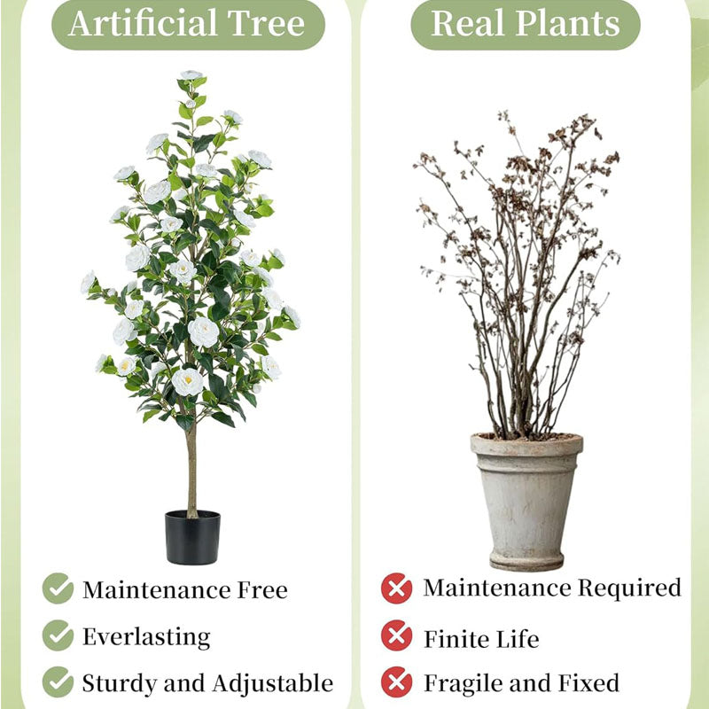 Artificial Tree Plants Outdoor: 4.9ft Tall Fake Camellia Flower Trees for Home Front Porch Decor