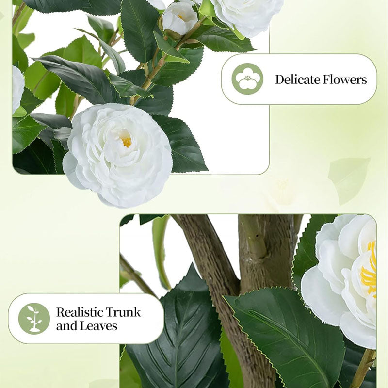 Artificial Tree Plants Outdoor: 4.9ft Tall Fake Camellia Flower Trees for Home Front Porch Decor