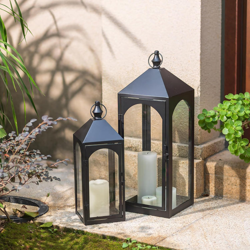 Large Outdoor Lanterns for Porch: 23" & 17" Set of 2 Floor Lantern Decorative Indoor with Glass Candle Holder