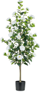 Artificial Tree Plants Outdoor: 4.9ft Tall Fake Camellia Flower Trees for Home Front Porch Decor - Faux White Rose Plants with Pot for Patio Yard Indoor Living Room