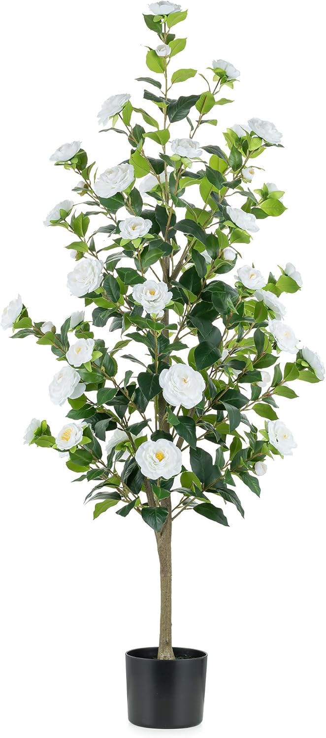 Artificial Tree Plants Outdoor: 4.9ft Tall Fake Camellia Flower Trees for Home Front Porch Decor - Faux White Rose Plants with Pot for Patio Yard Indoor Living Room