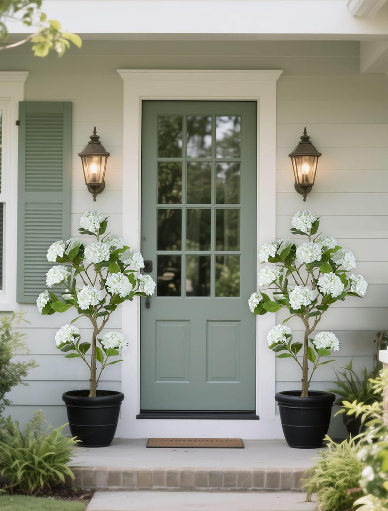White Hydrangea Artificial Trees: 5ft Fake Silk Plants for Home Living Room Decor Indoor - Faux Hydrangeas with Pot for Front Door Porch Patio Entrance Decoration