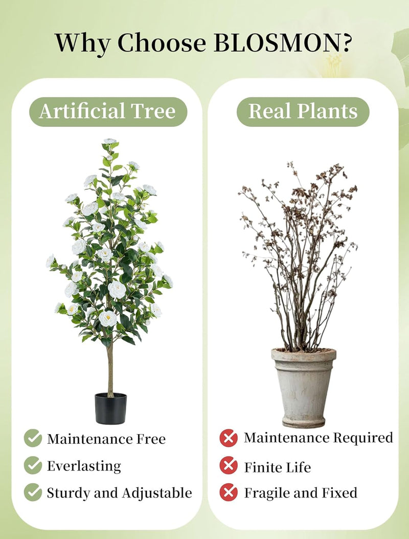 Artificial Tree Plants Outdoor: 4.9ft Tall Fake Camellia Flower Trees for Home Front Porch Decor - Faux White Rose Plants with Pot for Patio Yard Indoor Living Room