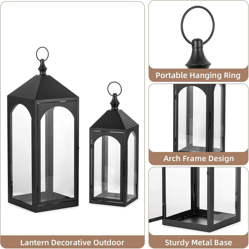 Large Outdoor Lanterns for Porch: 23" & 17" Set of 2 Floor Lantern Decorative Indoor with Glass Candle Holder