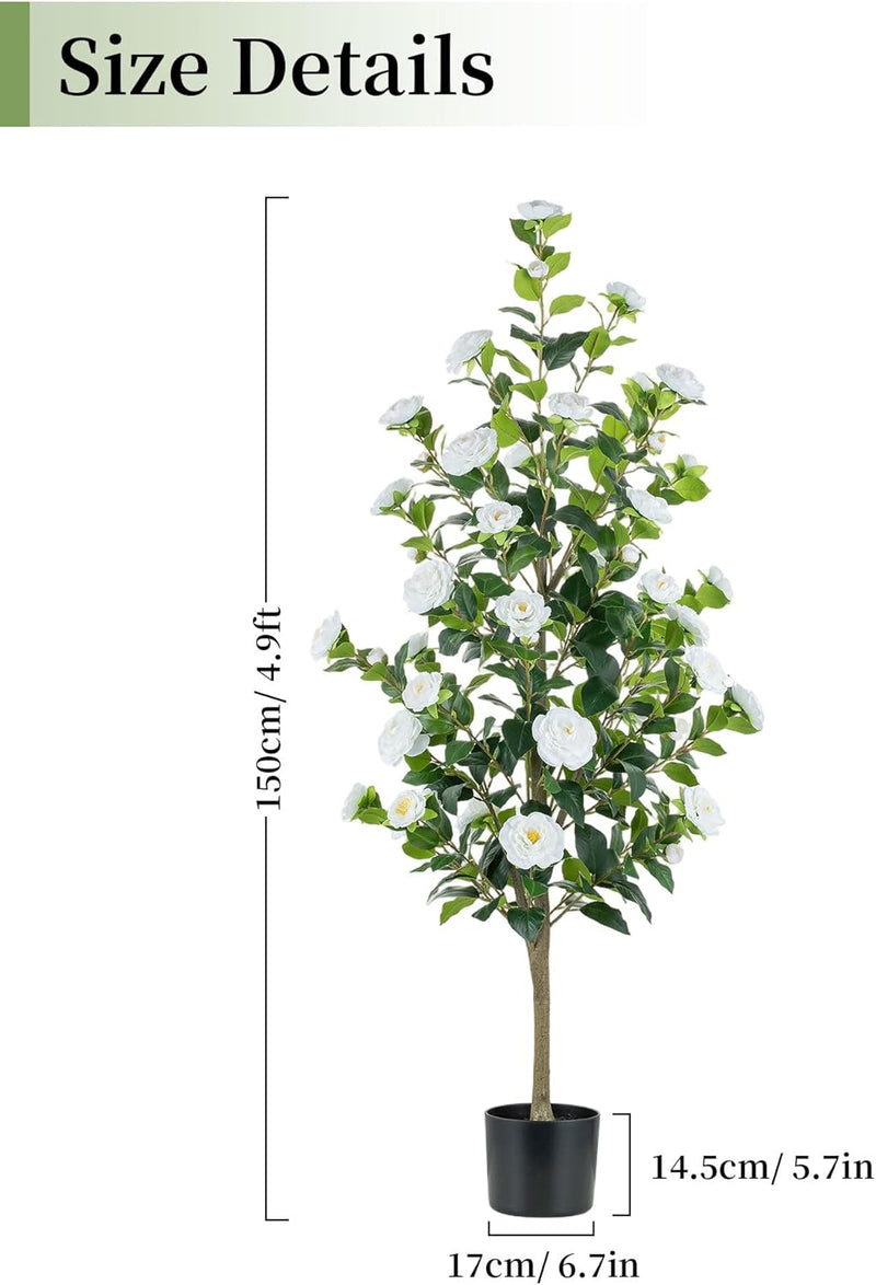 Artificial Tree Plants Outdoor: 4.9ft Tall Fake Camellia Flower Trees for Home Front Porch Decor - Faux White Rose Plants with Pot for Patio Yard Indoor Living Room