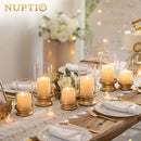 Gold Pillar Candle Holders ,  Glass Hurricane Candle Holder Stand for Pillar Candle with Clear Glass Sleeve Set of 2