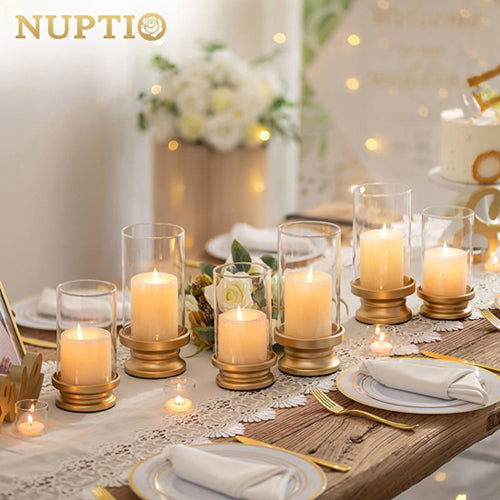 Gold Pillar Candle Holders ,  Glass Hurricane Candle Holder Stand for Pillar Candle with Clear Glass Sleeve Set of 2