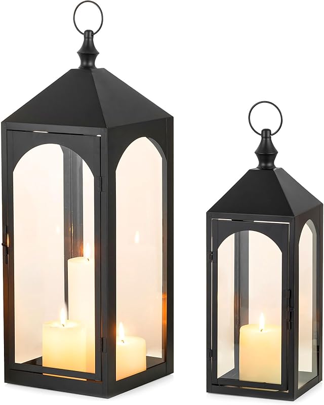 Large Outdoor Lanterns for Porch: 23" & 17" Set of 2 Floor Lantern Decorative Indoor with Glass Candle Holder