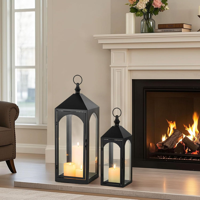 Large Outdoor Lanterns for Porch: 23" & 17" Set of 2 Floor Lantern Decorative Indoor with Glass Candle Holder