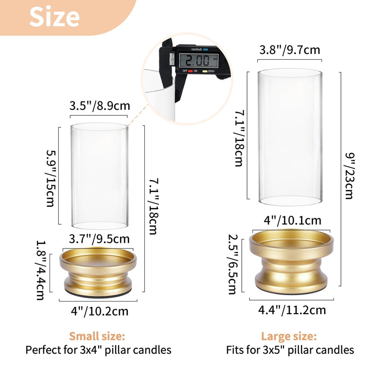 Gold Pillar Candle Holders ,  Glass Hurricane Candle Holder Stand for Pillar Candle with Clear Glass Sleeve Set of 2