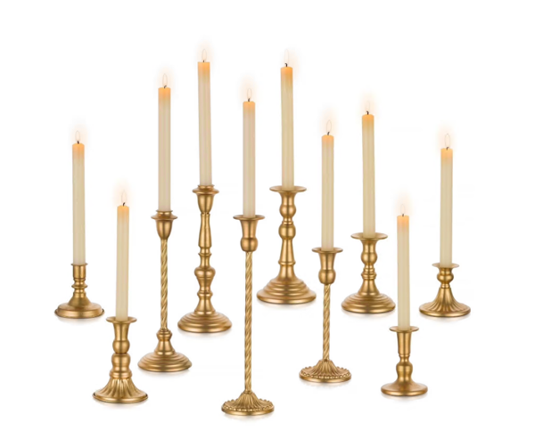 Set of 10 Gold Brass Candlestick Holders, Tall Vintage Metal Taper Candle Holders for Dinning Table Centerpiece Mantel Decoration