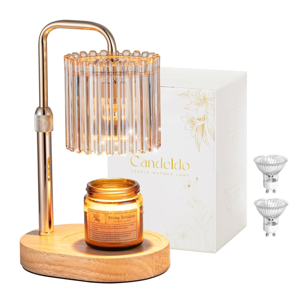 Candle Warmer Lamp with Timer: Gold Candle Warming Lamp with 2 Bulbs Height Adjustable Wax Melt Warmer Dimmable Modern Bedroom Decor Gift for Women