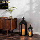 Decorative Black Metal Pillar Candle Holder Lantern，Indoor Outdoor Lanterns for Porch & Patio ,12" & 17" Set of 2（S+M） ,No Glass