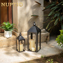 Decorative Black Metal Pillar Candle Holder Lantern，Indoor Outdoor Lanterns for Porch & Patio ,12" & 17" Set of 2（S+M） ,No Glass