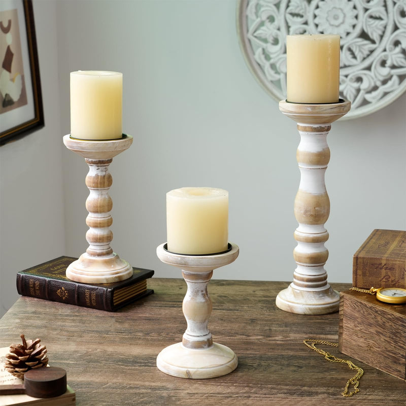 Farmhouse Wood Candle Holders for Pillar Candles， Rustic Wooden Pillar Candles Holder Set of 3