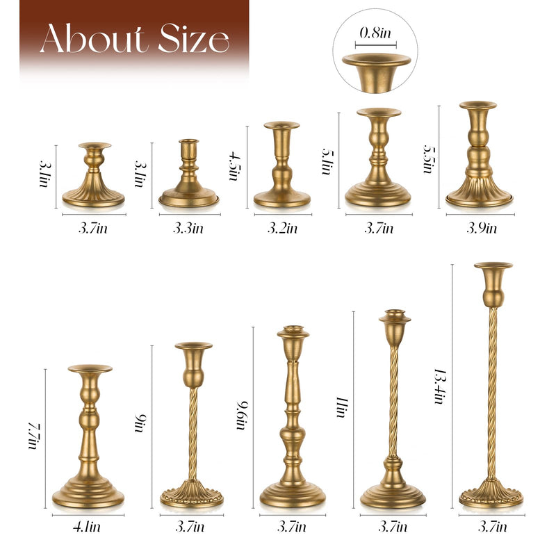 Set of 10 Gold Brass Candlestick Holders, Tall Vintage Metal Taper Candle Holders for Dinning Table Centerpiece Mantel Decoration