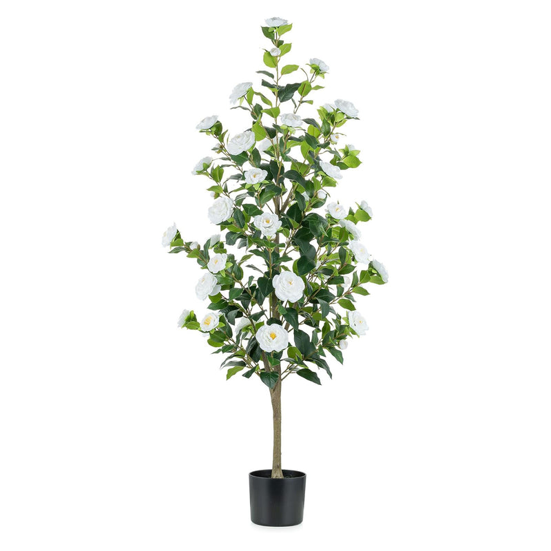 Artificial Tree Plants Outdoor: 4.9ft Tall Fake Camellia Flower Trees for Home Front Porch Decor