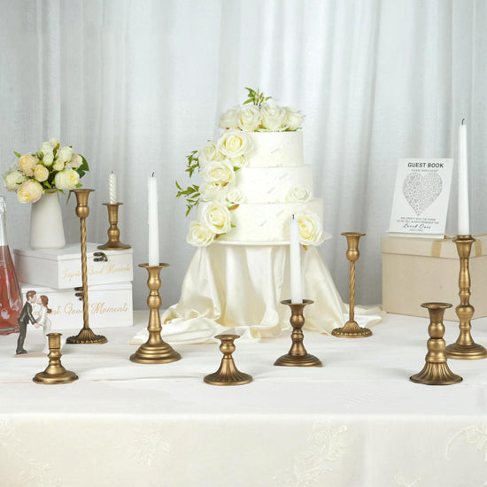 Set of 10 Gold Brass Candlestick Holders, Tall Vintage Metal Taper Candle Holders for Dinning Table Centerpiece Mantel Decoration