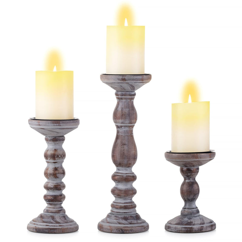 Farmhouse Wood Candle Holders for Pillar Candles， Rustic Wooden Pillar Candles Holder Set of 3