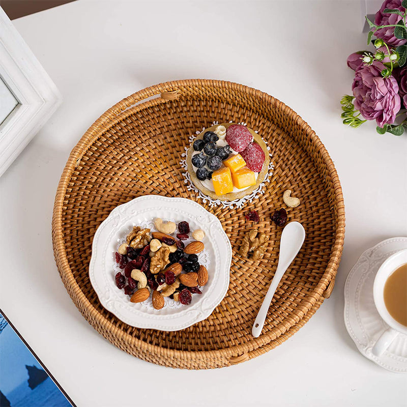 Rattan Tray Hand-Woven Decorative Tray Round Natural for Food Drinks