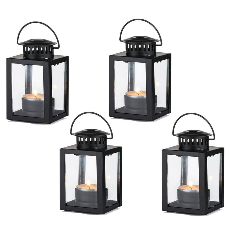 Set of 4 Hanging Garden Lanterns, Black Metal Hurricane Tealight Holders