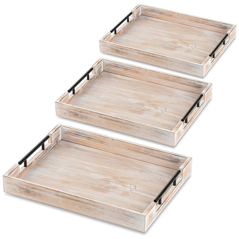 Wood Serving Tray with Handles Set of 3 Rectangular Tray for Kitchen Coffee