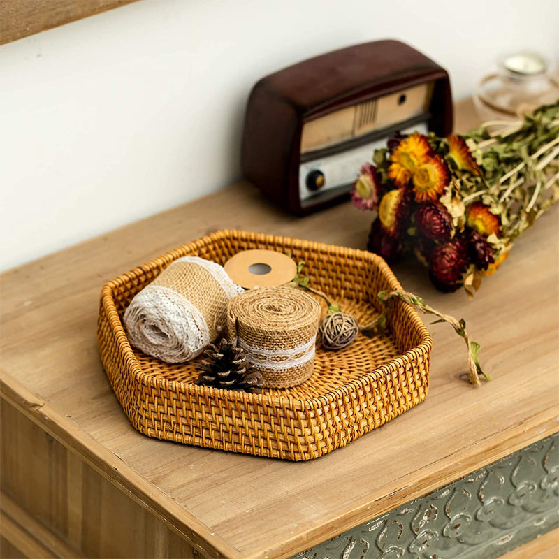Serving Tray Set of 2 Hand-Woven Rattan Tray Hexagon for Coffee Fruit Drinks