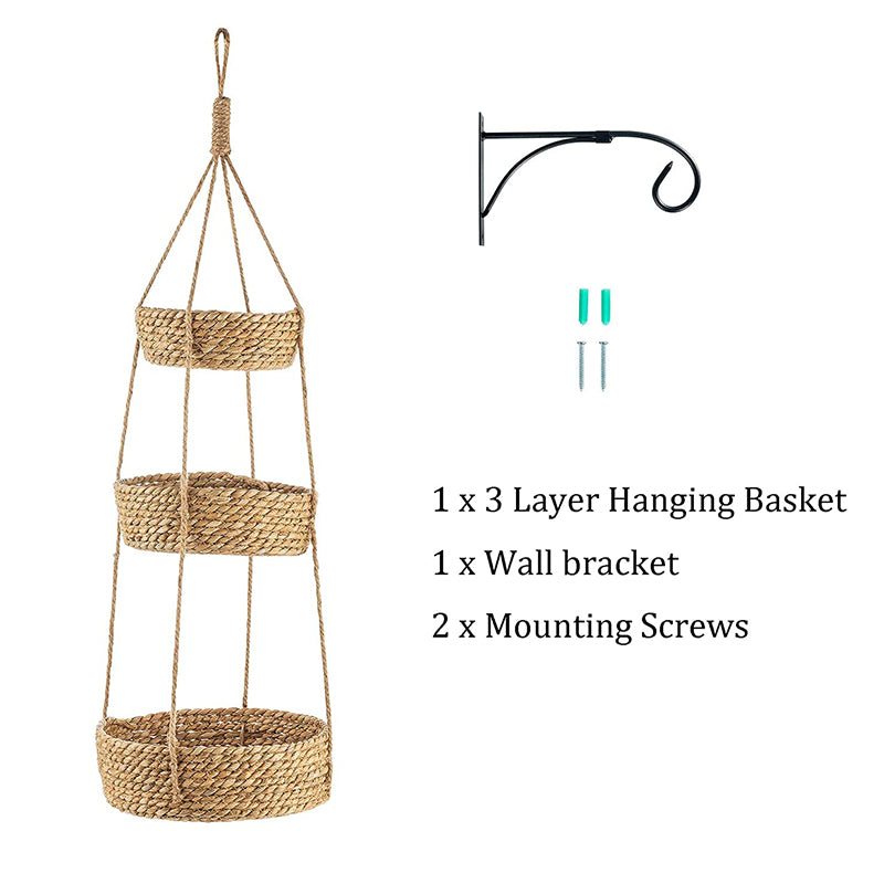 Wall Mount Hanging Fruit Basket, 3 Tier Wicker Vegetable Basket for Kitchen