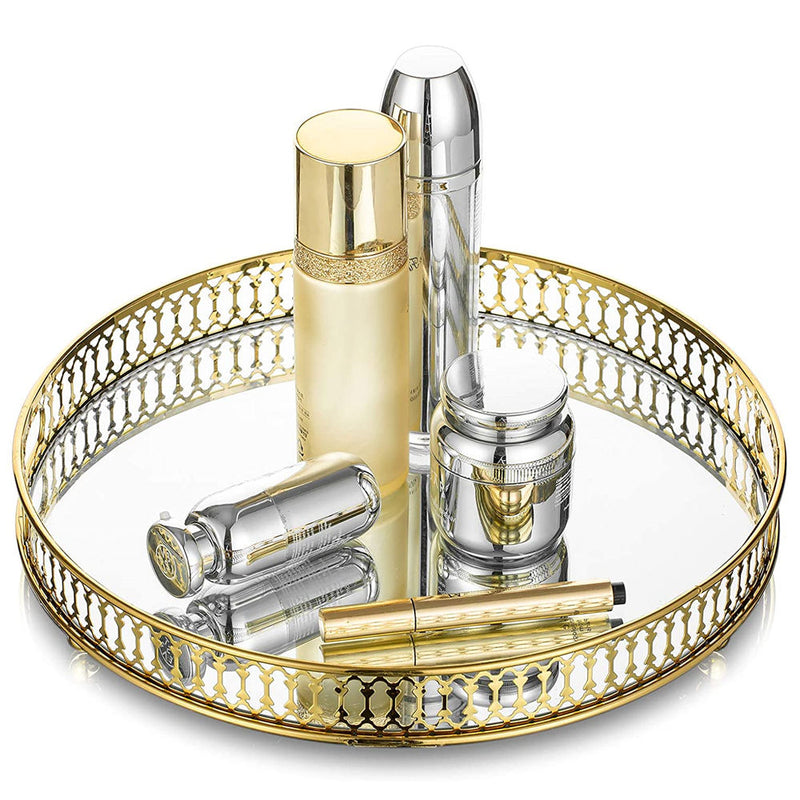 Metal Round Mirror Tray, Makeup Organizer Plate for Wedding Jewelry Candle